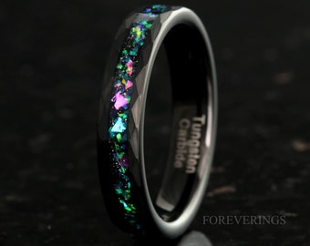 Galaxy Opal Ring, 4mm Black Tungsten Wedding Band, Hammered, Flat, Matte Brushed, Comfort Fit, Women Men Ring
