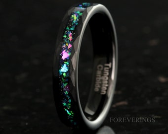 Anillo Galaxy Opal, alianza de boda de tungsteno negro de 4 mm, martillado, plano, cepillado mate, ajuste cómodo, anillo para hombre y mujer.