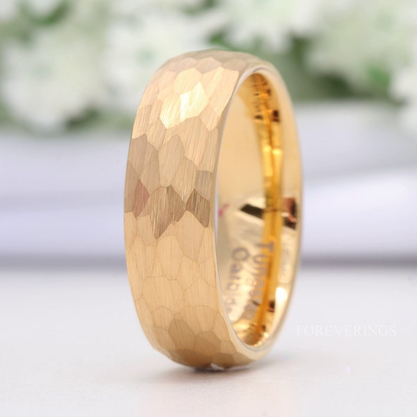 Hammered Gold Wedding Band for Men, 7mm Tungsten Ring, Unique Mens Engagement Ring, Man Anniversary Gift, Brushed Gold Ring, Engraved Ring