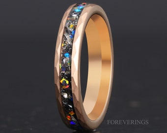 Meteorite and Galaxy Opal Wedding Band, 4mm Tungsten Ring, Rose Gold Plated, Hammered, Flat, Matte Brushed, Comfort Fit, Women Men Ring