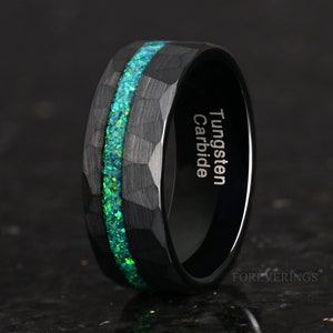 Man Emerald Opal Ring, Hammer Wedding Band, 8mm 6mm Green Ring, Fire Opal, Black Tungsten Ring, Anniversary Gift, Brush, Flat, RingEngrave