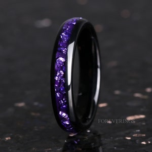 4mm Alexandrite Wedding Band, Purple-Pink Color Changing Ring, Black Tungsten Ring, Women Men Ring, Dome, Polish, Comfort Fit