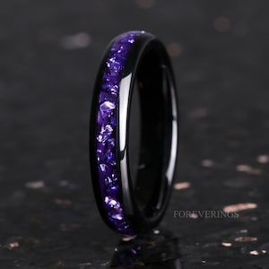 4mm Alexandrite Wedding Band Purple Pink Color Changing Ring Black Tungsten Ring Women Men Ring Dome Polish Comfort Fit