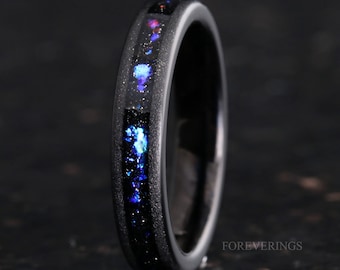 Orion Nebula Ring, 4mm Tungsten Wedding Band, Outer Space Ring, Black Ring, Flat, Sandblasted, Comfort Fit, Birthday Anniversary Gift