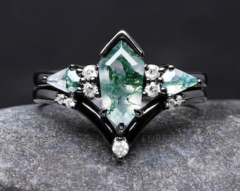 Green Moss Agate Engagement Ring Set Coffin Kite Cut, Black Gold Filled Ring, 925 Sterling Silver, Nature Ring, Black Rhodium Finish
