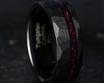 Men Black Opal Tungsten Band, Hammered, Flat, 8mm-6mm-4mm Crushed Black Fire Opal, Black Tungsten Wedding Ring, Matte Brushed, Comfort Fit