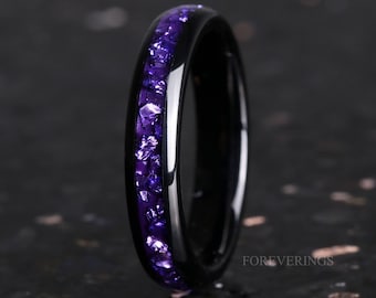 4mm Alexandrite Wedding Band, Purple-Pink Color Changing Ring, Black Tungsten Ring, Women Men Ring, Dome, Polish, Comfort Fit