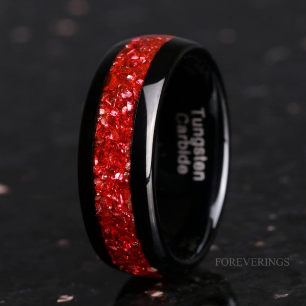 Ruby Red and Black Tungsten Wedding Band, 8mm 6mm 4mm Men Women Ring, Crushed Red German Glass Stones, Polished, Unique Band, Ring Engraving