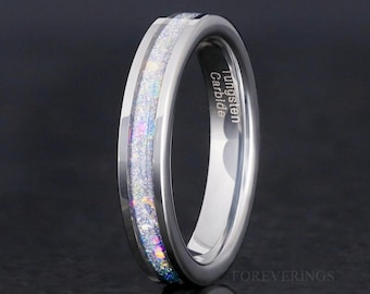 Crushed Moonstone Silver Tungsten Wedding Band, 4mm Nebula Ring, Polished, Flat, Comfort Fit, Unique Ring, Men Women Ring, Engraving