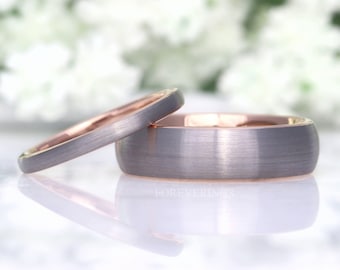 His and Hers Tungsten Wedding Band Set, 6mm-2mm Two-Tone Couples Rings, Silver and Rose Gold Band, Comfort Fit, Smooth, Dome, Matte Brush