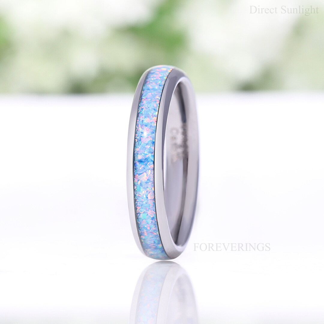 Rainbow Opal Ring, 4mm Silver Tungsten Wedding Band, No Plating, Polish ...