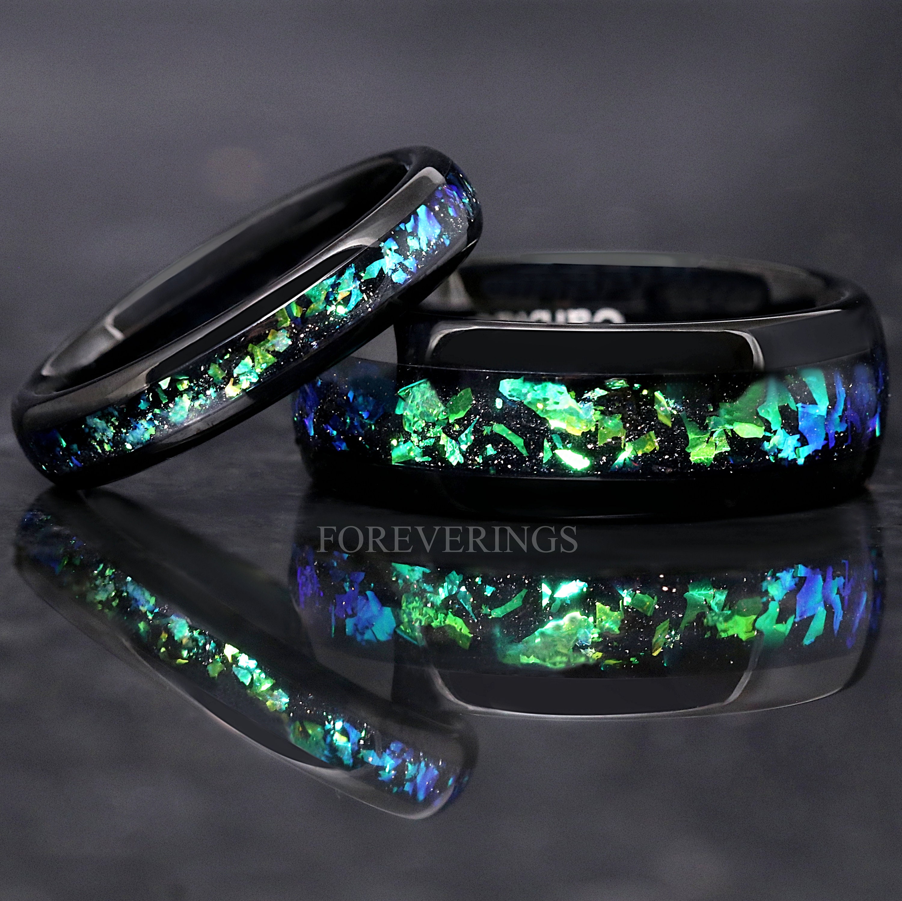 Rosette Nebula Ring Set, His and Her Tungsten Wedding Band, 8mm