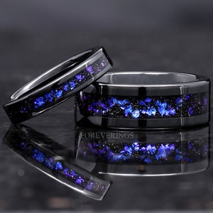 Orion Nebula Ring Set in Black Ceramic, His and Her Wedding Band, 8mm & 4mm Blue Nebula Ring, Outer Space Couples Ring, Matching Ring Set