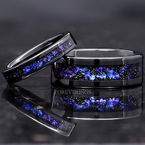 Orion Nebula Ring Set in Black Ceramic, His and Her Wedding Band, 8mm & 4mm Blue Nebula Ring, Outer Space Couples Ring, Matching Ring Set