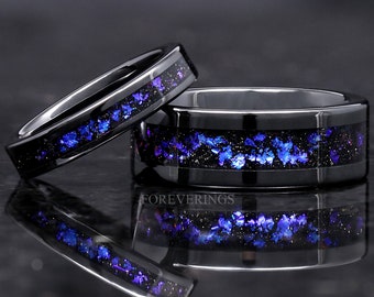 Orion Nebula Ring Set, His and Her Ceramic Wedding Band, 8mm & 4mm Black Ceramic Ring, Outer Space Couples Ring, Polish, Flat, Comfort Fit