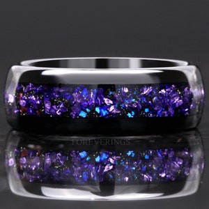 Crab Nebula Ring, 8mm-6mm-4mm Tungsten Outer Space Ring, Alexandrite Wedding Band, Black, Dome, Polish, Comfort Fit, Unique Wedding Band