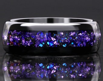 Crab Nebula Ring, 8mm-6mm-4mm Tungsten Outer Space Ring, Alexandrite Wedding Band, Black, Dome, Polish, Comfort Fit, Unique Wedding Band
