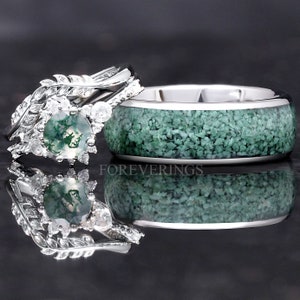 Green Moss Agate Ring Set, His and Hers Wedding Band, Tungsten and 925 Sterling Silver, Matching Moss Agate Ring Set