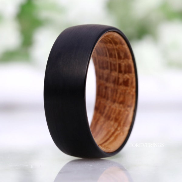 8mm-6mm Whiskey Barrel Ring, Men Tungsten Wedding Band, Wood Ring, Matte Brushed, Black, Comfort Fit, Domed, Birthday Anniversary Gift