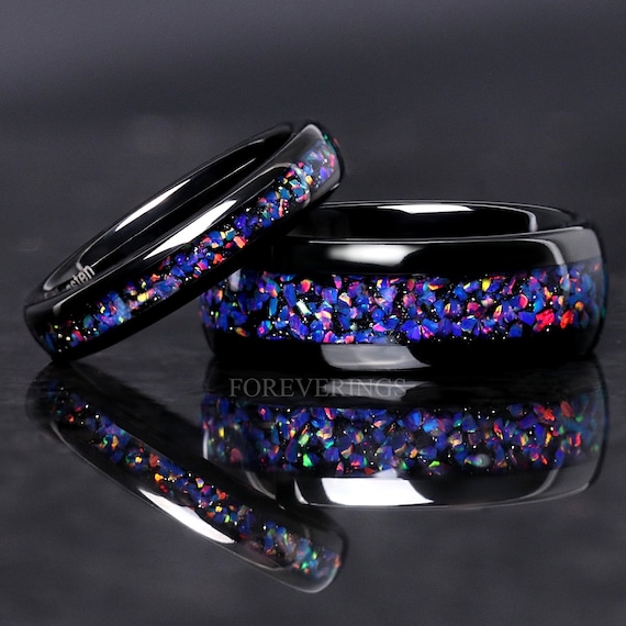 Black Starry Night Van Gogh Opal Matching Ring Set His and Hers Tungsten Wedding Band 8mm 4mm Black Ring Set for Couples Ring Engraving