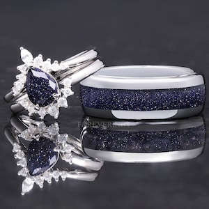 Rift Nebula Ring Set, His Her Starry Night Wedding Ring, Personalized, Space Couple Ring, Tungsten, 925 Sterling Silver, Blue Sandstone Ring