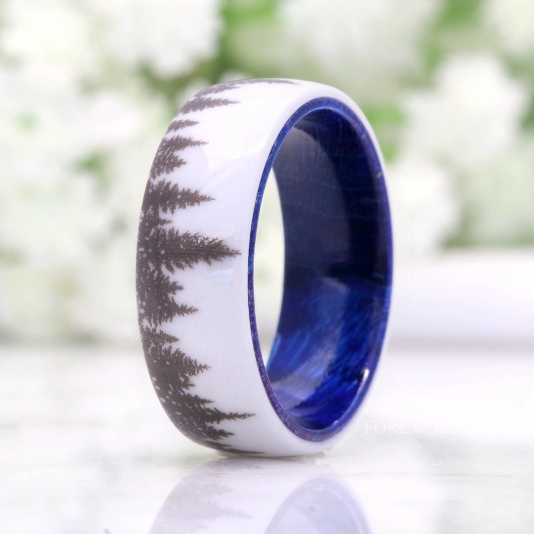 Man Forest Tree Ring, Blue Wood Wedding Band, 8mm-6mm White Ceramic ...