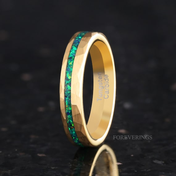 Gold Emerald Opal Ring, Gold Wedding Band, Hammered, 4mm Women Men