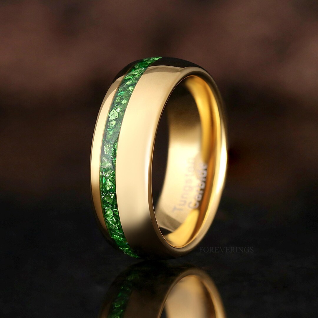 Emerald Mens Wedding Band Gold Tungsten Ring 8mm Green Gemstone Ring Emerald Mens Wedding Band Gold Tungsten Ring 8mm Green Gemstone Ring