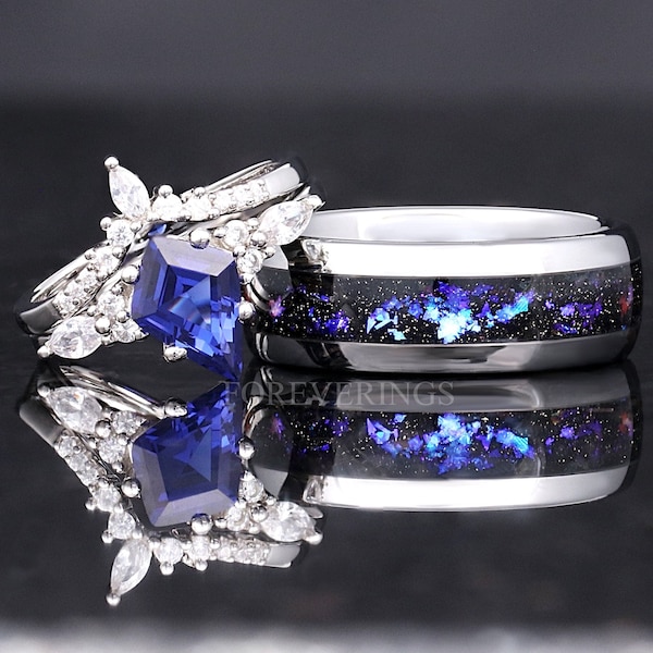 Orion Nebula Ring Set, His and Hers Wedding Band, Sapphire, Silver Ring, Outer Space Couples Ring, Silver Tungsten and 925 Silver