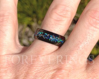 His & Hers Black Opal & Real Meteorite Ring Set - Men's & Women's Wedding Band With Blue Opal - View #4