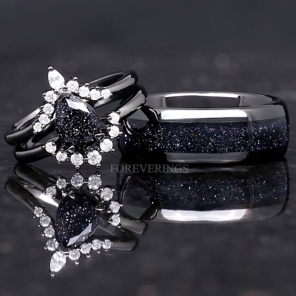 Great Rift Nebula Ring Set, His and Hers Wedding Band, Black Ring, Outer Space Couples Ring, Black Plated Tungsten and 925 Silver