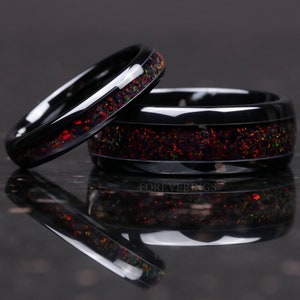 His and Hers Ceramic Wedding Band, Black Fire Opal Ring, 8mm & 4mm Black Ceramic Ring Set, Couples Ring, Polish, Dome, Comfort Fit