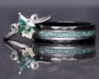 Zijn haar Twirl Green Moss Agate Ring Set, bijpassende trouwring, natuurpaarring, alternatieve verlovingsringset, 925 zilver en wolfraam