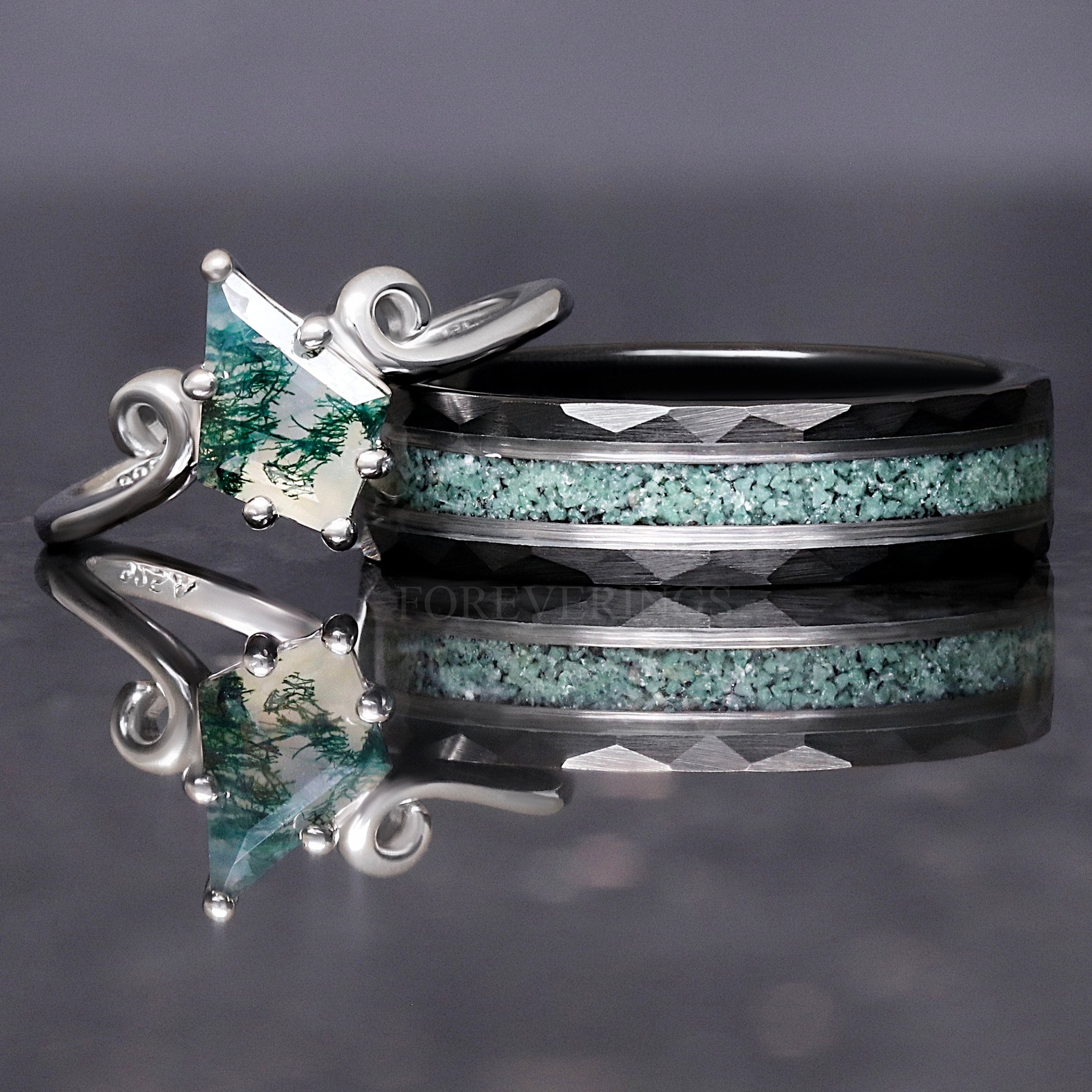 His Her Twirl Green Moss Agate Ring Set, Matching Wedding Ring