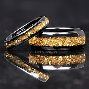His and Hers Tungsten Wedding Band, 8mm & 4mm Black Tungsten Ring Set, Citrine Glass Stones, Dome, Polished, Comfort Fit