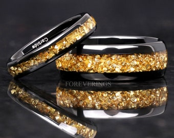His and Hers Tungsten Wedding Band, 8mm & 4mm Black Tungsten Ring Set, Citrine Glass Stones, Dome, Polished, Comfort Fit
