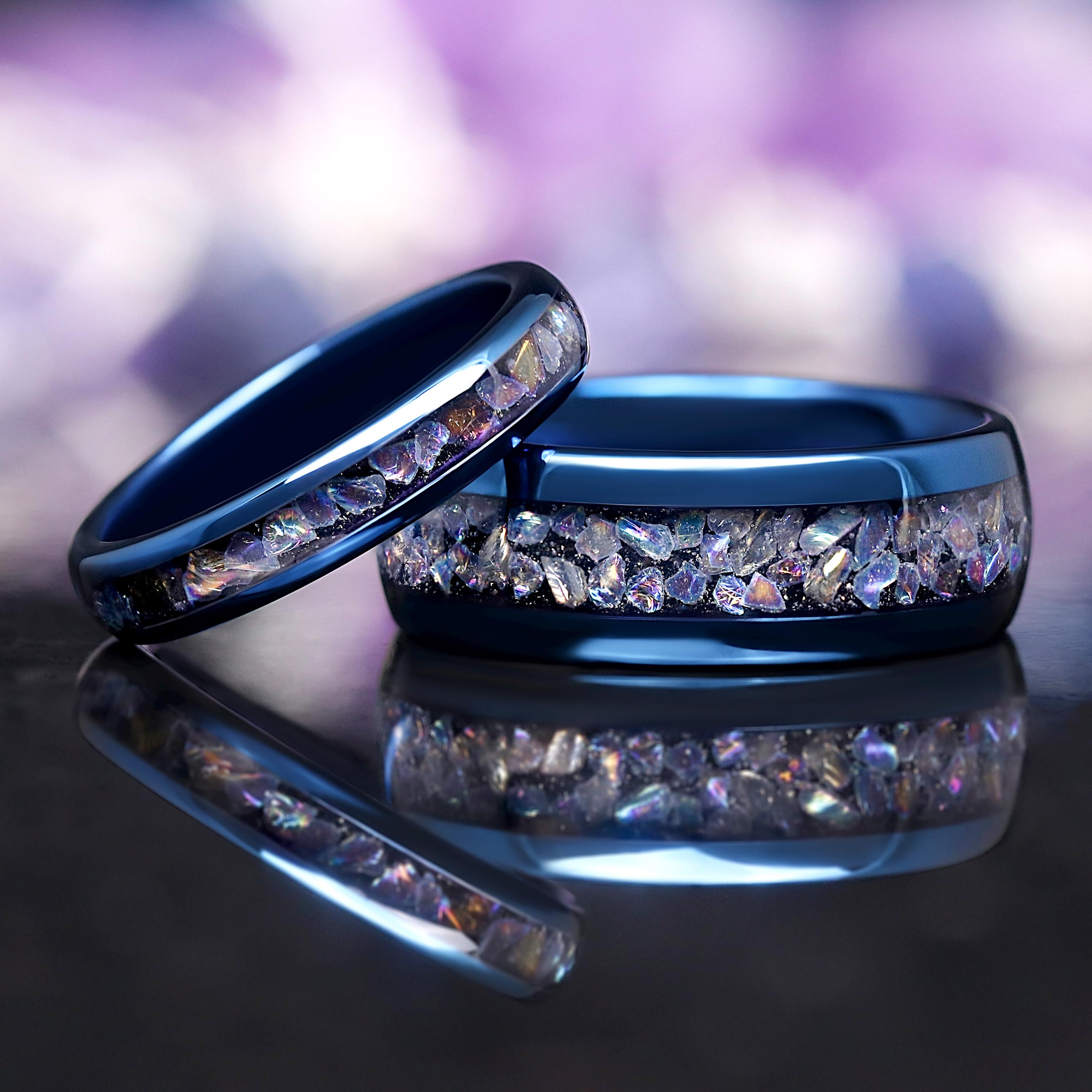 Celestial Blue Moonstone Couples Wedding Band Set - Tungsten Ring