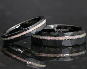 His and Hers Tungsten Wedding Band, Crushed White Fire Opal Ring, 6mm & 4mm Black Tungsten Ring Set, Hammer, Flat, Brushed, Comfort Fit