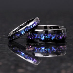 Orion Nebula Ring Set, His and Her Tungsten Wedding Band, 8mm & 4mm Black Ring, Outer Space Couples Ring, Polish, Dome, Comfort Fit image 5