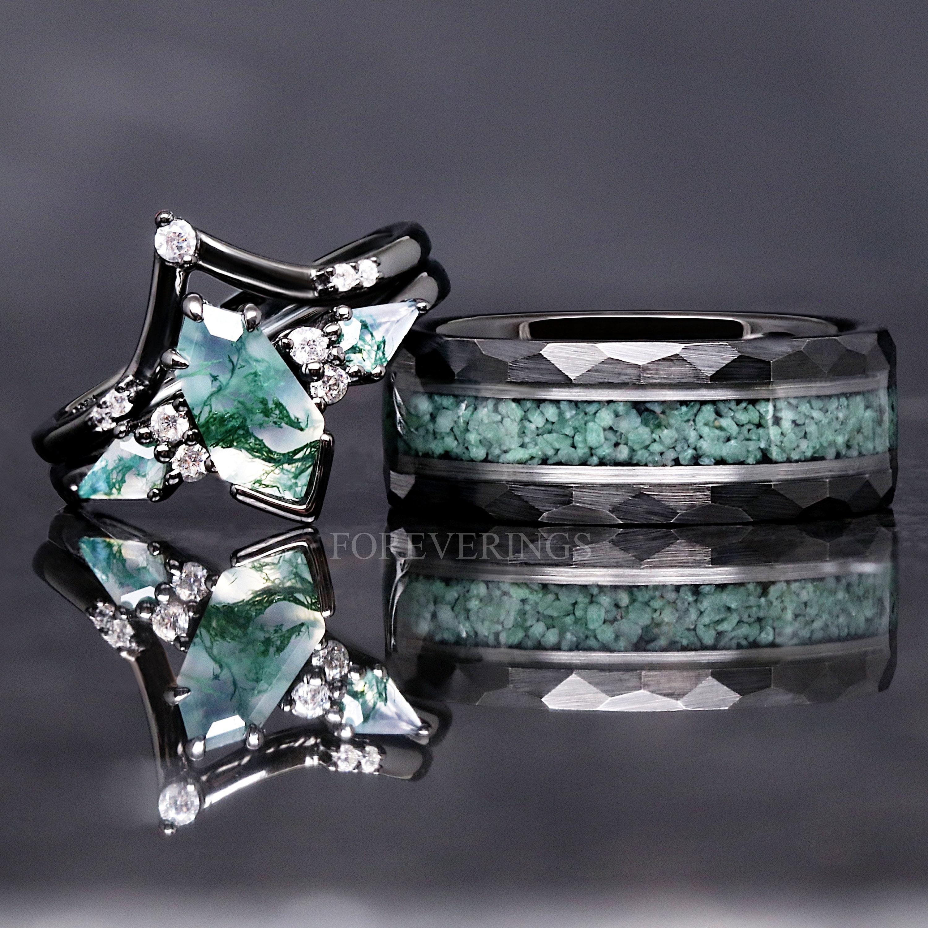 Green Moss Agate Coffin Kite Ring Set, His and Her Wedding Band