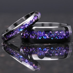 Crab Nebula Ring Set, His and Her Tungsten Wedding Band, 8mm & 4mm Black Ring Set, Alexandrite Outer Space Ring, Polish, Dome, Comfort Fit