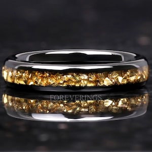 4mm Tungsten Wedding Band, Crushed Citrine Glass Stones, Black Ring, Citrine Ring, Women Men Ring, Dome, Polished, Comfort Fit