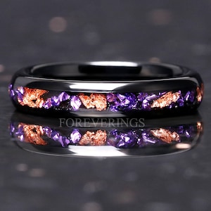 Purple Amethyst Wedding Band, Black Tungsten Ring with Gold Foil, 4mm Dome Comfort Fit, Polished Purple Ring for Women or Men, Unique Gift