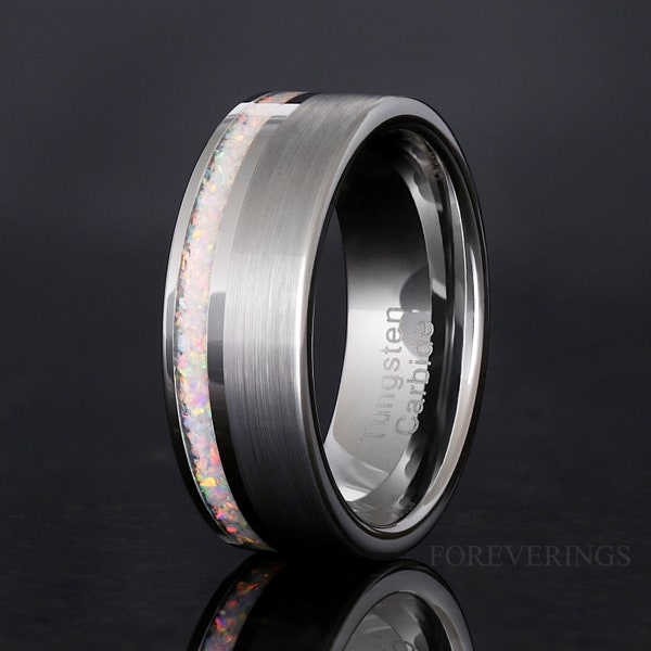 White Fire Opal Tungsten Ring, Man Silver Wedding Band, 8mm Brushed Flat Ring, Crushed White Opal Band, Unique Man Promise Ring, Engraving