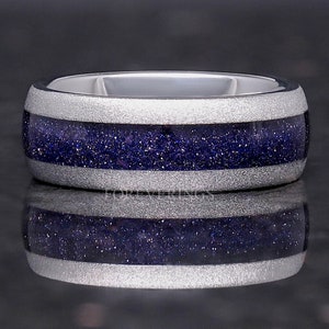 Great Rift Nebula Ring, Starry Night, Blue Sandstone, Sandblast Silver Tungsten Band, Dome, Man Wedding Band, Engraving, 8mm Promise Ring