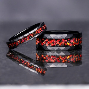 His Her Red Fire Opal Nebula Ring Set, Hammered Black Tungsten Wedding Band, Red Opal Band, 8mm & 4mm Black Rings, Couple Ring, Matte, Brush