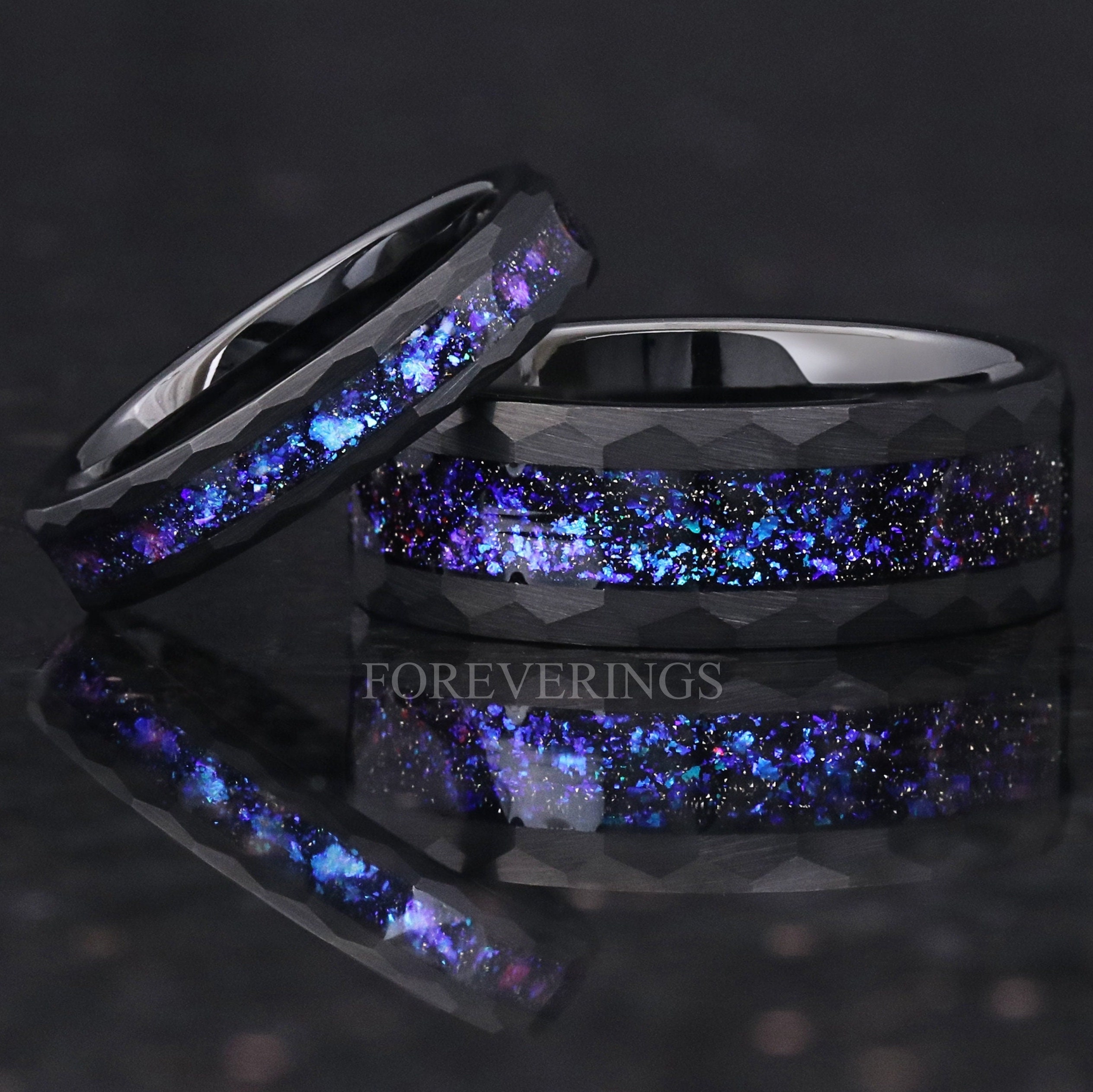 アクセサリー Preuve ring Orion Nebula Ring Set Hammered, His and Her Wedding Band, Black