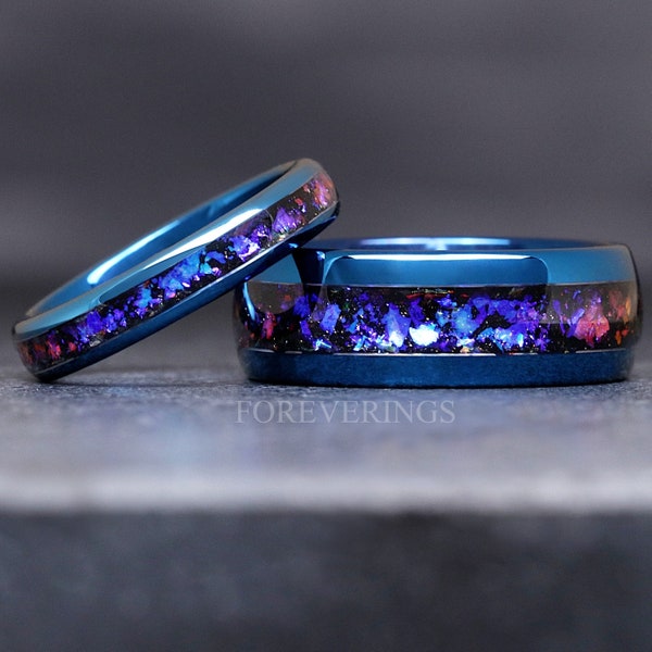 Orion Nebula Ring Set Blue, His and Her Tungsten Wedding Band, 8mm & 4mm Blue Nebula Ring, Outer Space Couples Ring, Polish, Dome, Engraving