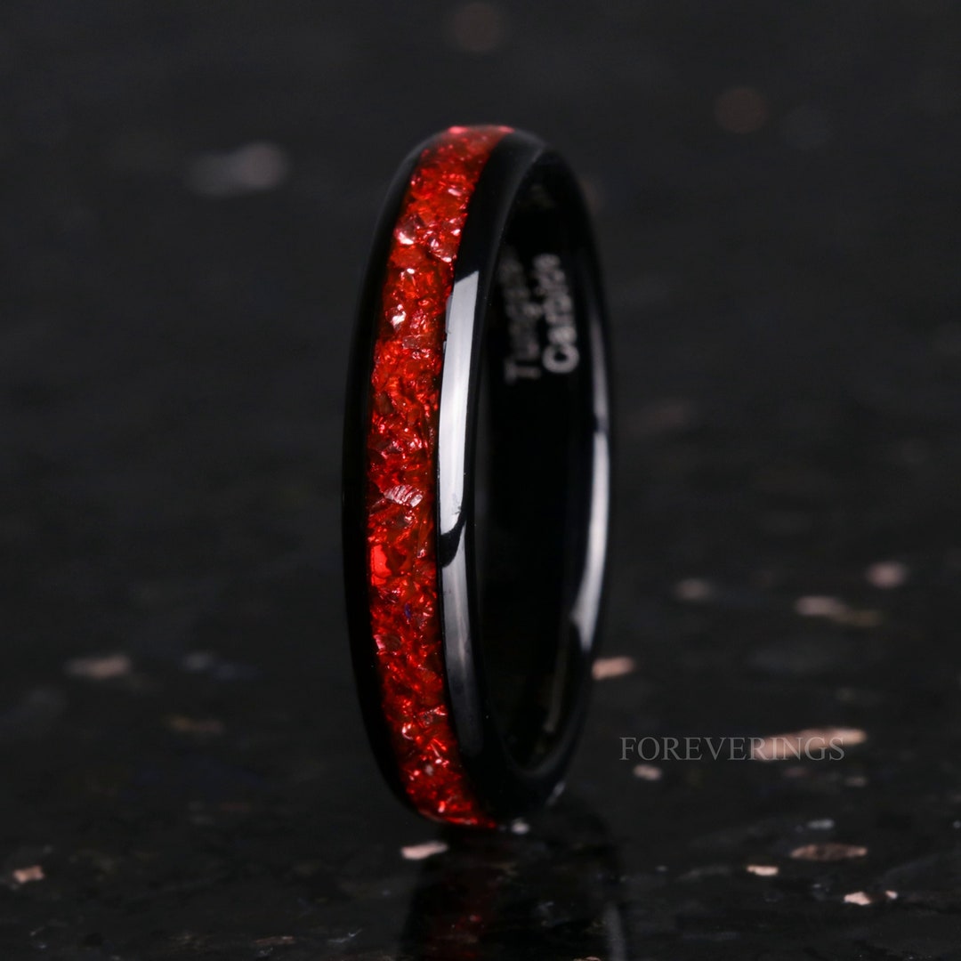 4mm Tungsten Wedding Band, Crushed Red German Glass Stones, Black