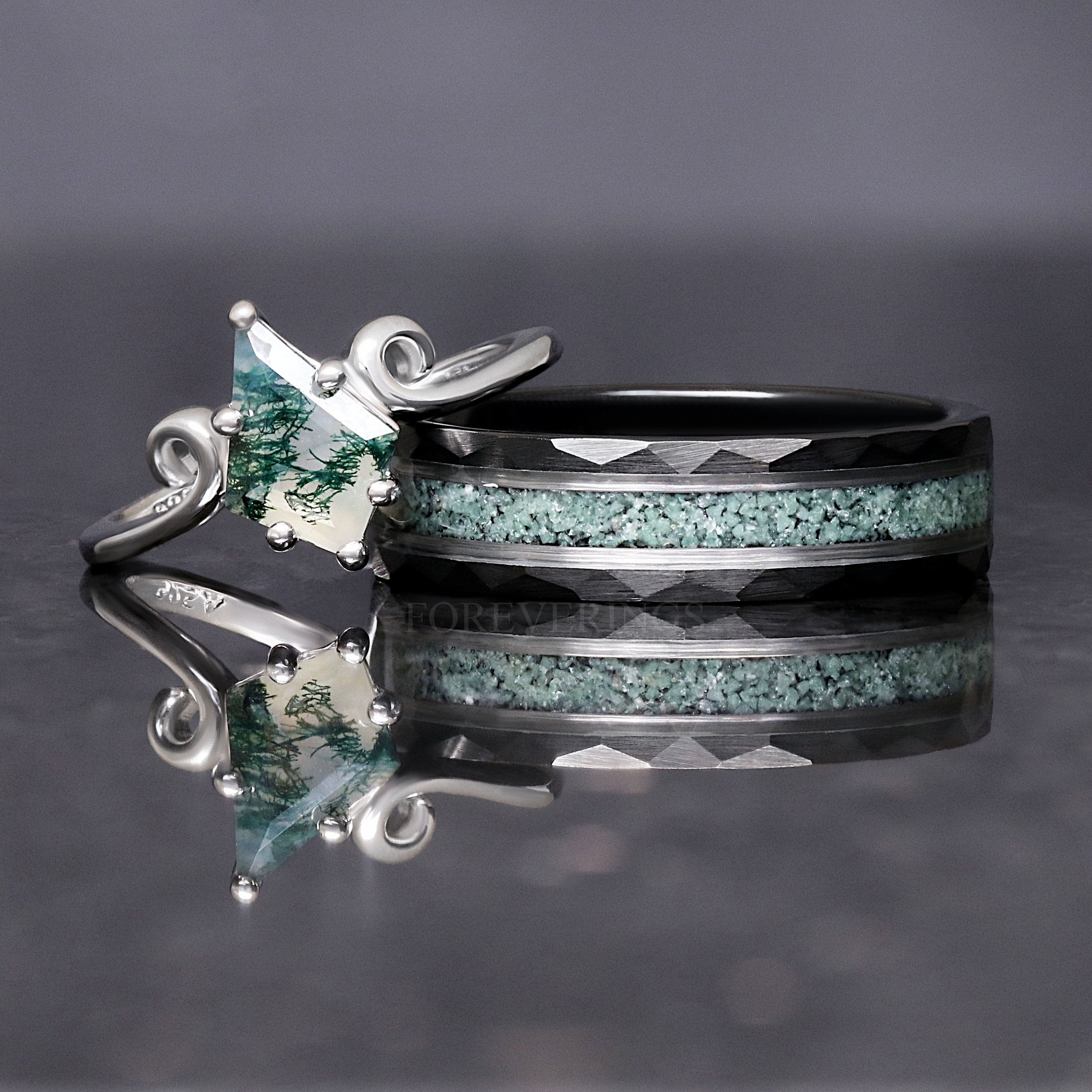 His Her Twirl Green Moss Agate Ring Set, Matching Wedding Ring